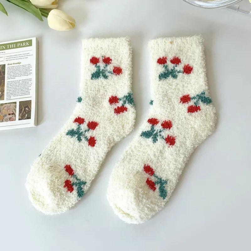 Plush sleeping socks, cream white with red and green berry-style prints