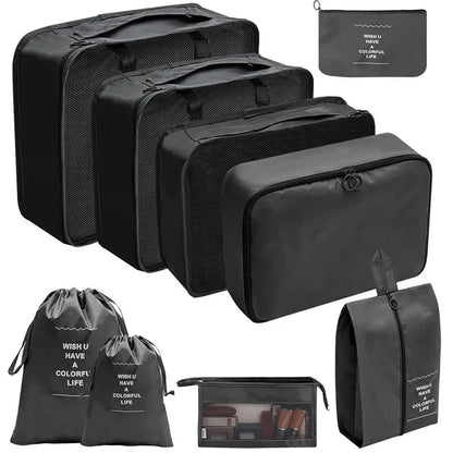 Black packing cubes set with mesh panels and zippered storage pouches for travel.