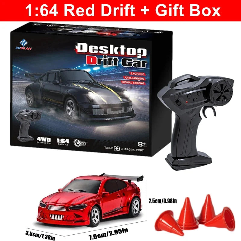 Red 1:64 drift RC car set with remote controller, accessory cones, gift box