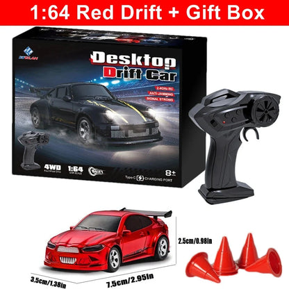 Red 1:64 drift RC car set with remote controller, accessory cones, gift box