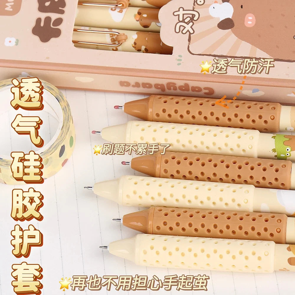 Capybara gel pens set, beige and tan barrels with textured dotted grip tips