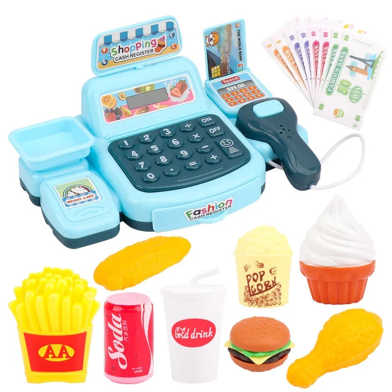 Blue shopping cash register toy with toy food items like fries, drink, and burger