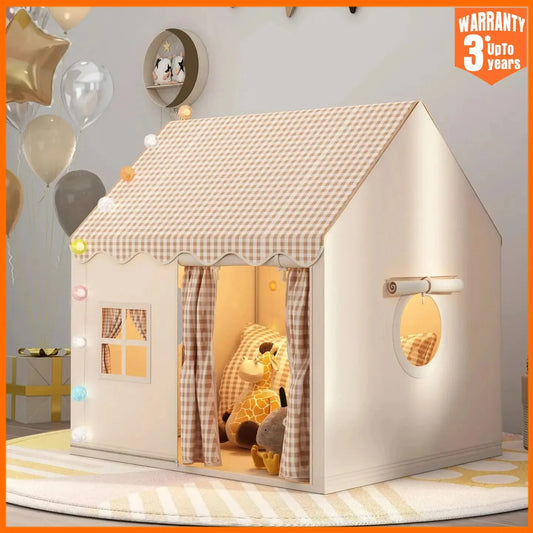 Kids Indoor Play House Tent – Cottage Style with Gingham Roof, Windows & Curtain Door | Foldable | Yellow, Pink, Khaki | Children's Birthday Gift