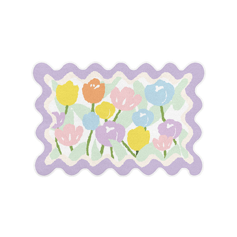 Pastel tulip floral area rug, lavender border, scalloped shape