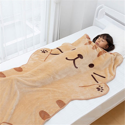 Cat flannel blanket with smiling brown cat face pattern, rounded shape