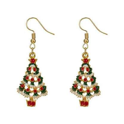 Gold-tone Christmas tree drop earrings with red berries and white accents