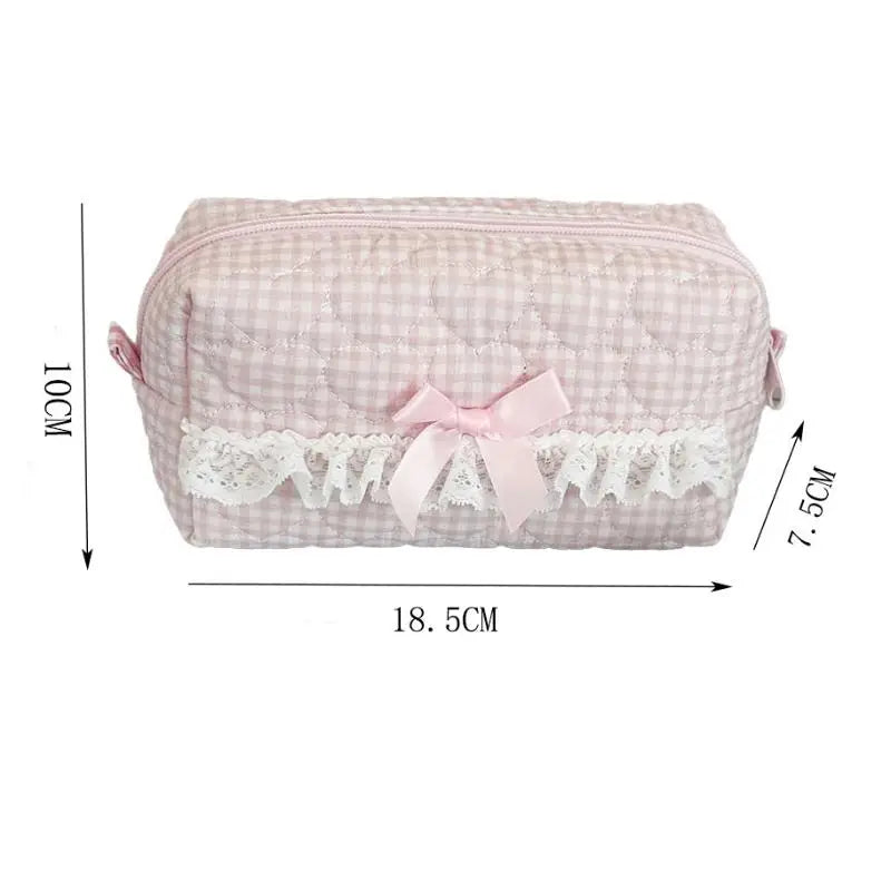 Kawaii Gingham & Lace Pencil Case – Cute Vintage Aesthetic Stationery | Pink & Blue