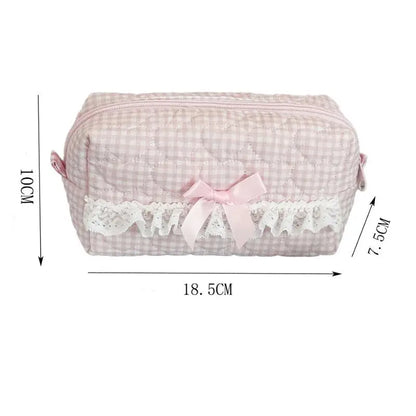 Kawaii Gingham & Lace Pencil Case – Cute Vintage Aesthetic Stationery | Pink & Blue