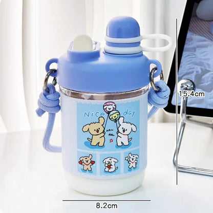 Blue animal water bottle with straw, carry strap, and colorful cartoon animal graphics