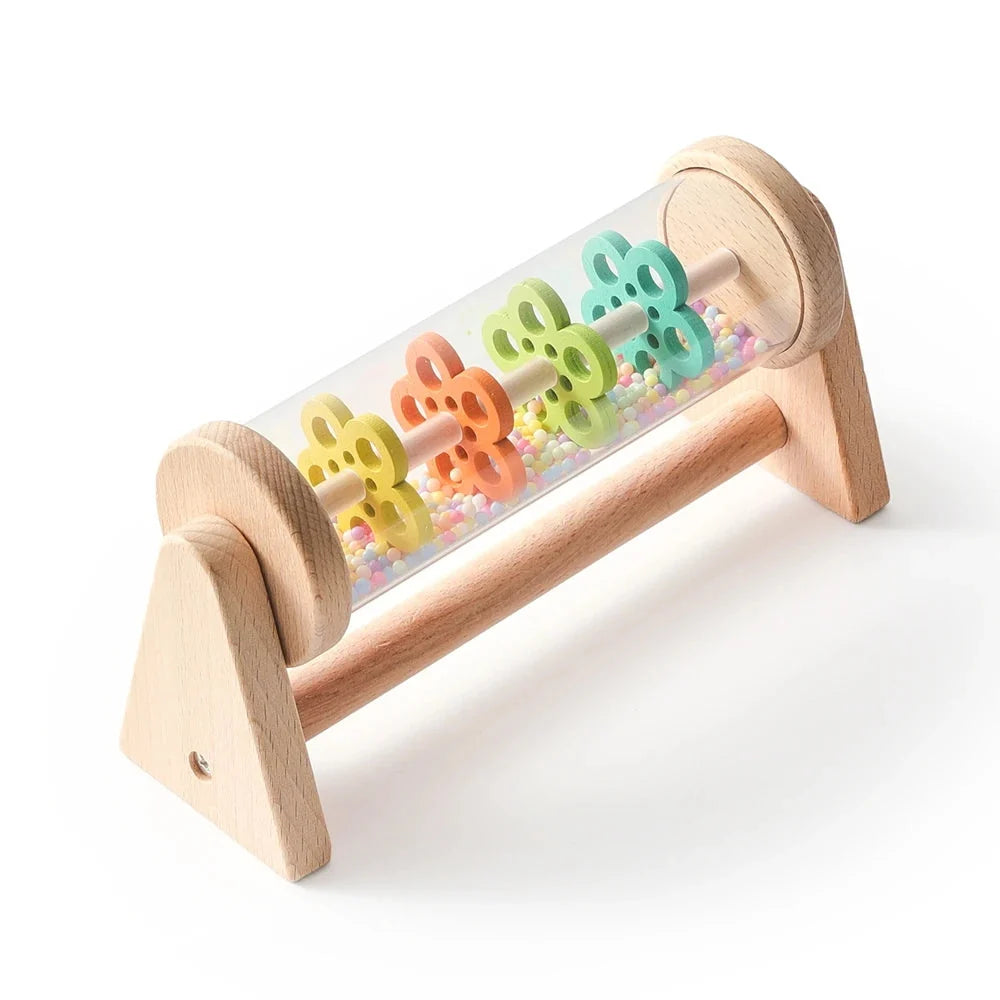 Wooden rain stick sensory musical toy with clear tube, multicolor beads, and side supports