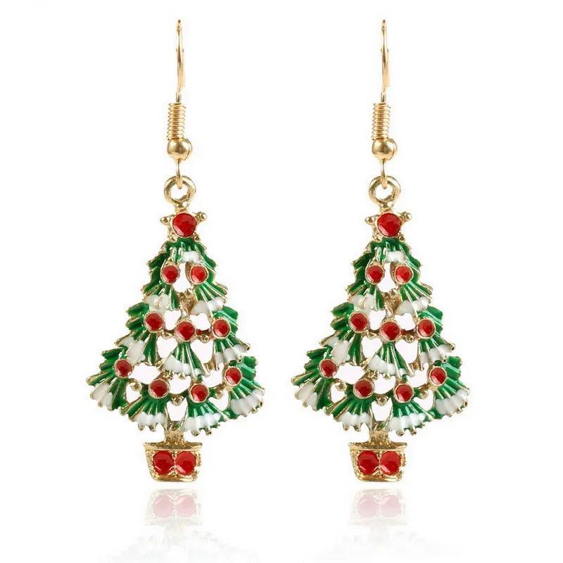 Gold drop earrings with green Christmas tree charm, red ornaments, and gold candy base