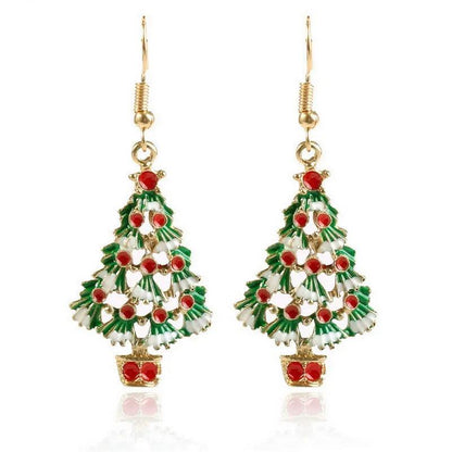 Gold drop earrings with green Christmas tree charm, red ornaments, and gold candy base