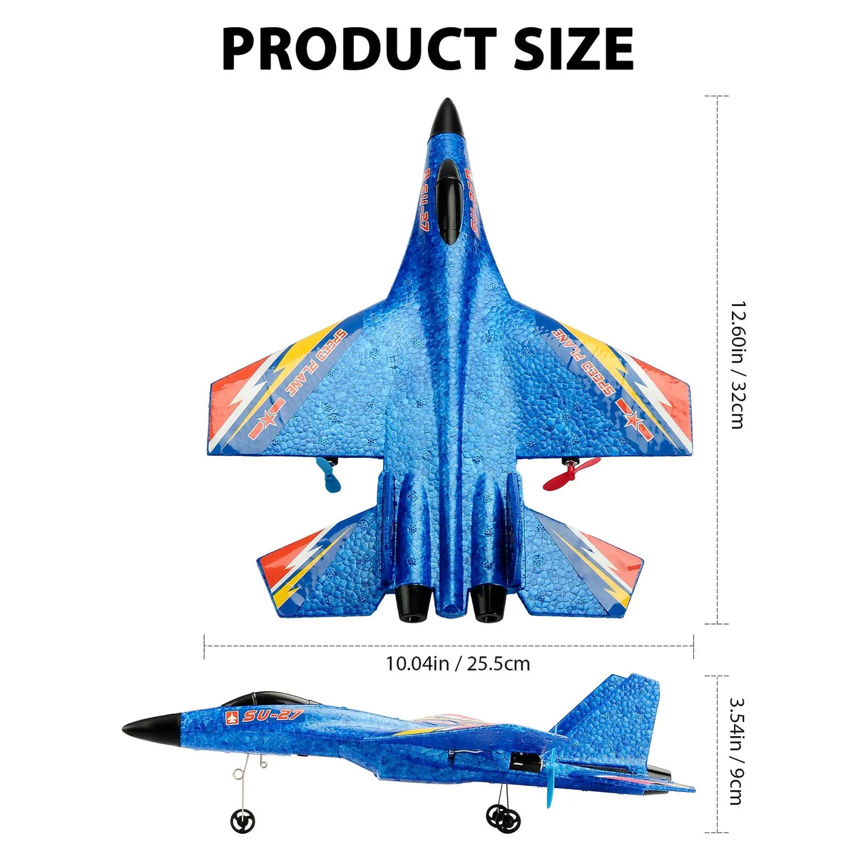 Blue EPP RC airplane with product size measurements, remote control toy dimensions