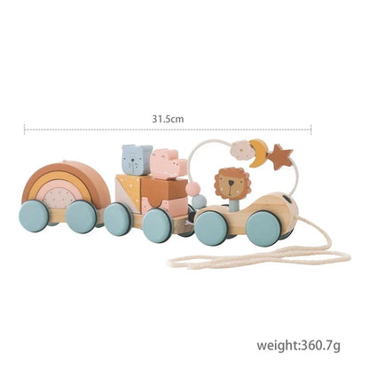 Montessori Wooden Vehicle Toys – Pull-Along Animal Train, Peg Doll Bus, Bead Aircraft & More | Natural Wood | Toddler Birthday Gift