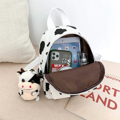 Kawaii Cow Print Mini Backpack – Cute Black & White Canvas Bag | Animal Print Accessory