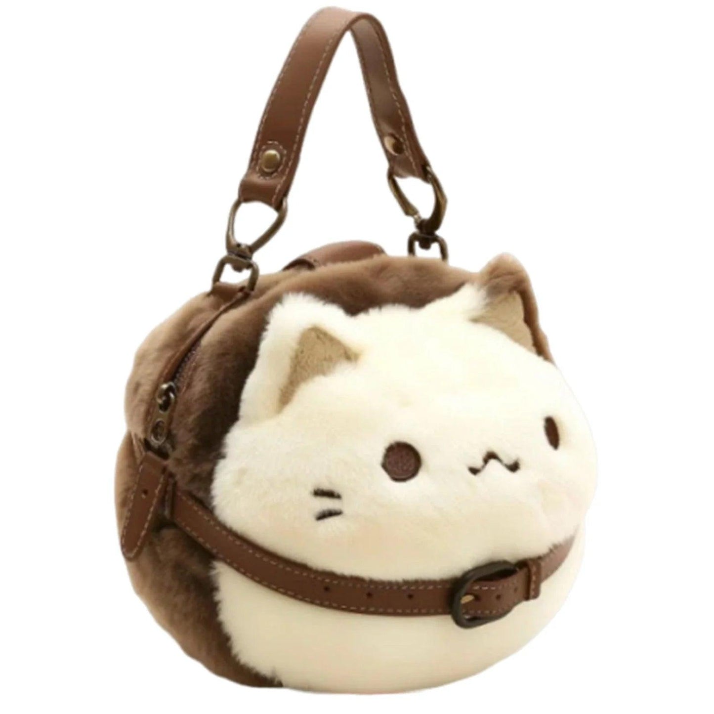 Brown cat plush mini handbag with cream face, featuring a top handle and strap.