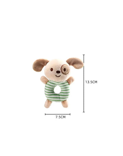 Brown-and-cream bear plush ring rattle toy in green striped outfit, standing pose