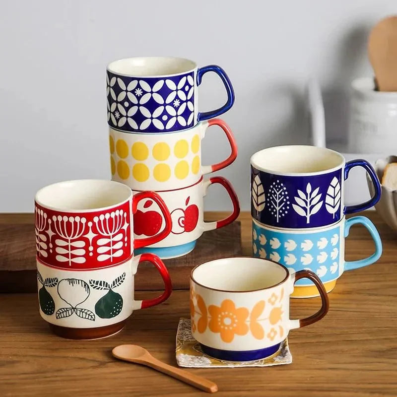 Retro Ceramic Stackable Mug 300ml – Scandinavian Pattern | Spots, Apples, Tulips, Trees & More | Coffee, Tea & Breakfast Cup | Housewarming Gift