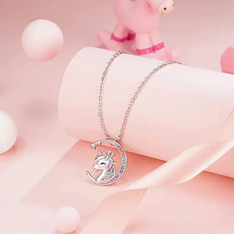 Moon unicorn pendant necklace with multicolor crystal inlay on silver chain