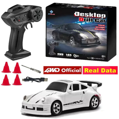 RC drift car starter kit with black remote and 1:64 white model car