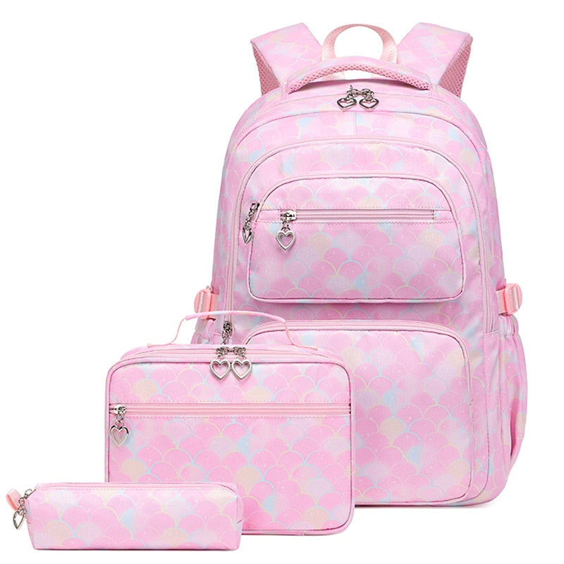 Kawaii Mermaid Backpack Set – 3-Piece Set with Backpack, Pencil Case & Lunch Bag | Mermaid Scale Design | Pink, Purple, Blue & Black