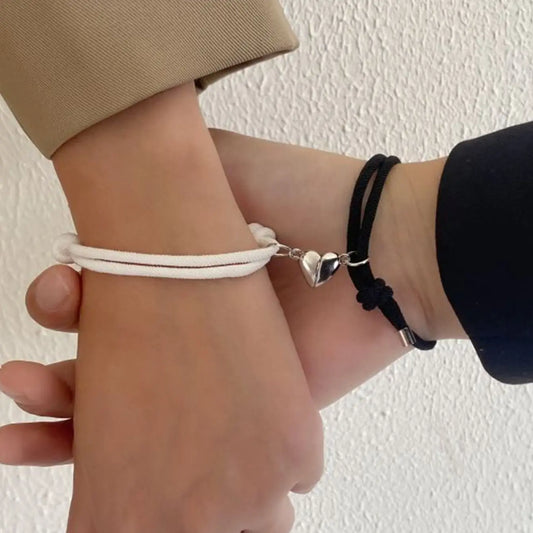 White and black braided rope couple bracelet with silver heart magnetic clasp