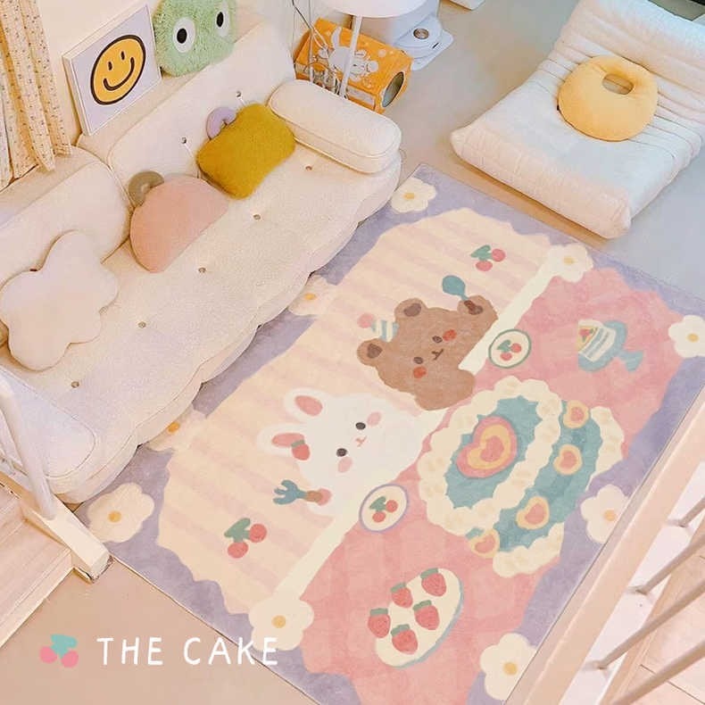 Pastel plush area rug with cute bunny and flower pattern, pink and lavender; "THE CAKE"
