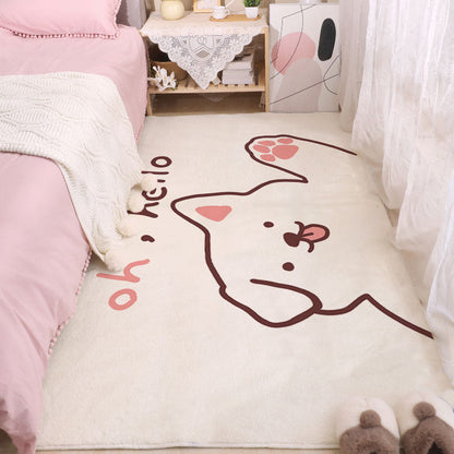 Cream line-art animal area rug with bunny face, hearts, and whisker details