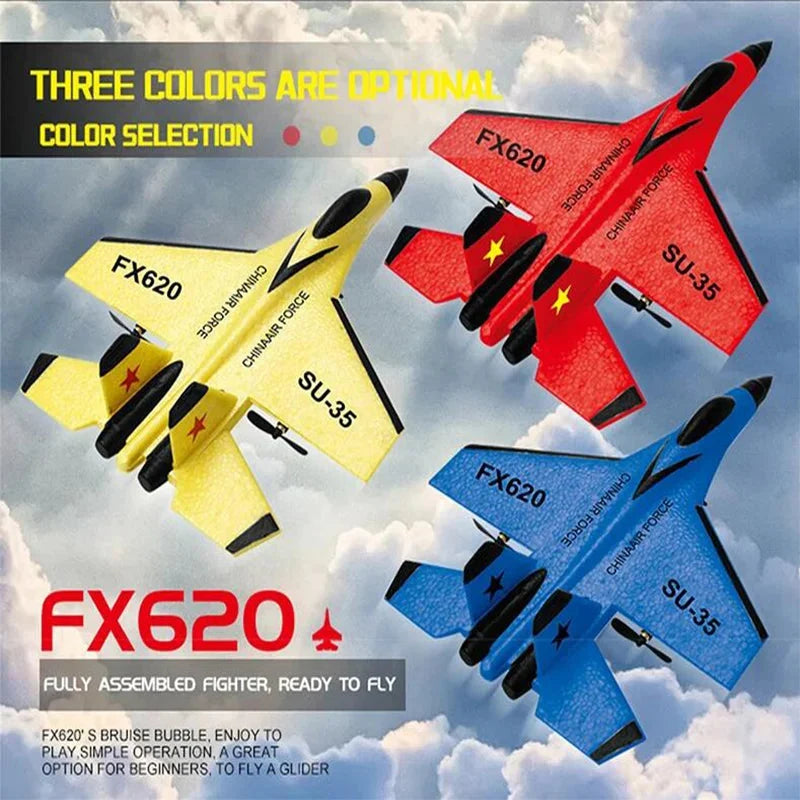 RC foam fighter glider set with red, yellow, and blue SU-35 planes and FX620 labels
