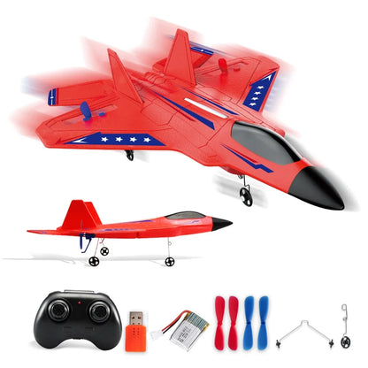 Red RC foam glider airplane with lights and landing wheels