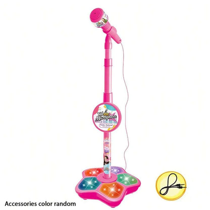 Pink kids microphone stand toy with round character badge and multicolor light-up base
