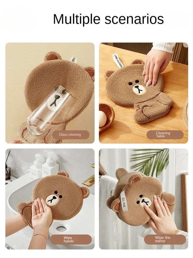 Teddy bear hand towel set showing brown bear towel for wiping hands and surfaces