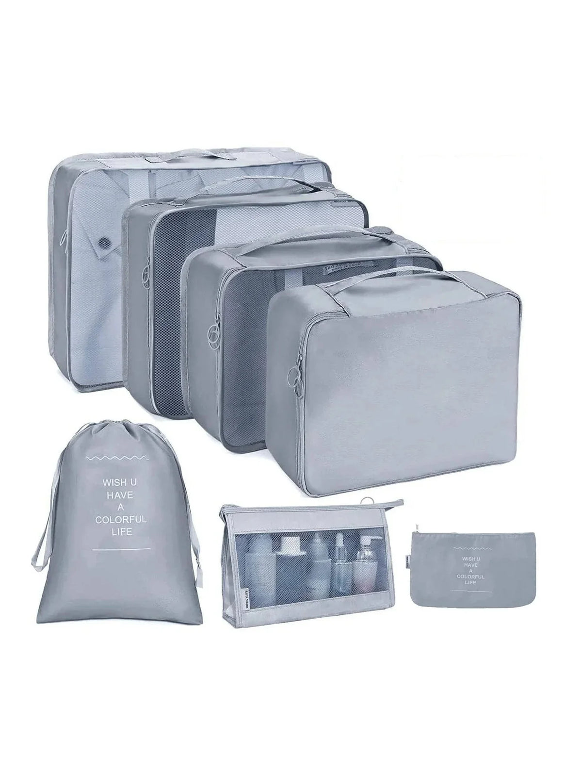 Grey travel packing organizer cubes set with mesh tops and matching zip pouches