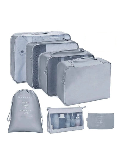 Grey travel packing organizer cubes set with mesh tops and matching zip pouches