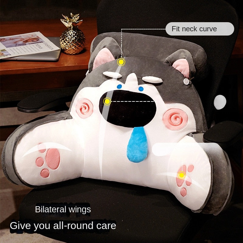 Gray dog-shaped reading pillow with black nose, blue drop accent, and paw print side