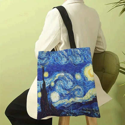 Canvas tote bag with Starry Night print and black shoulder straps