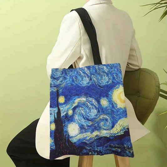 Canvas tote bag with Starry Night print and black shoulder straps