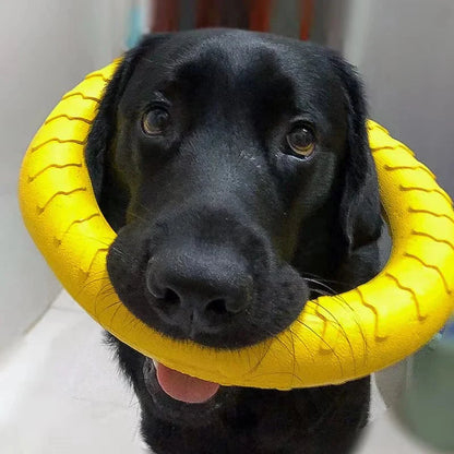 Durable dog ring toy, yellow textured rubber ring for chewing and training