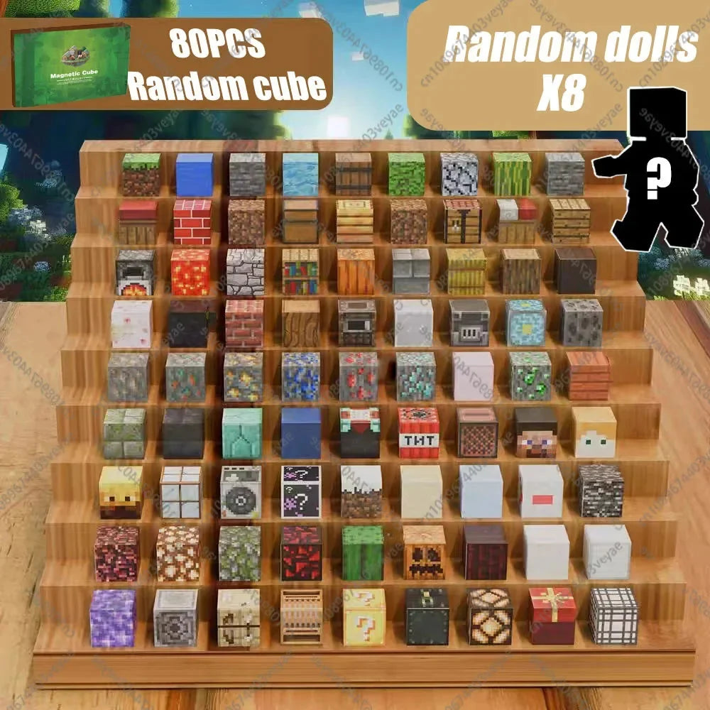 Magnetic random cube blocks arranged in a large wooden tray, assorted colors and patterns