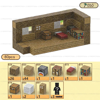 Magnetic cube blocks forming a wooden playhouse interior with bed and storage units