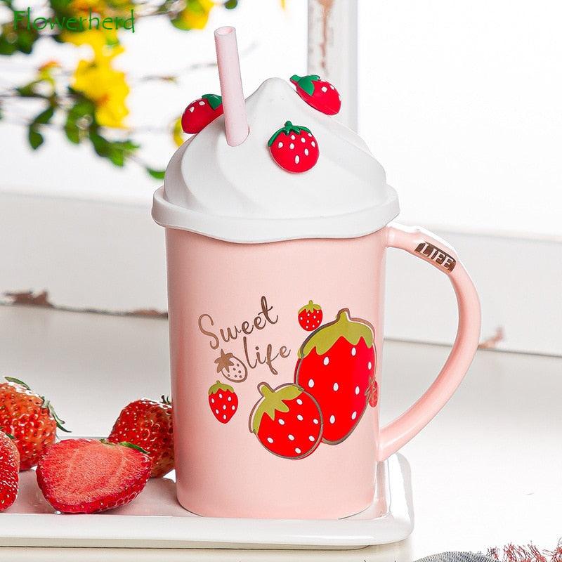 Strawberry themed tumbler mug with lid and clear straw, Sweet life graphic and strawberries