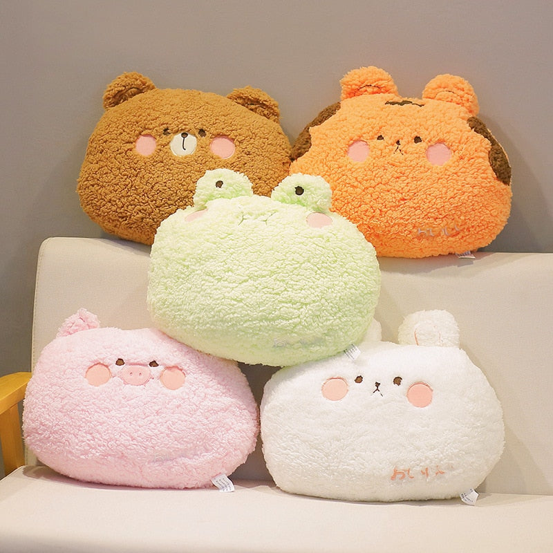 Cute animal plush cushion pillows set: bear, tiger, bunny, pig in mixed colors