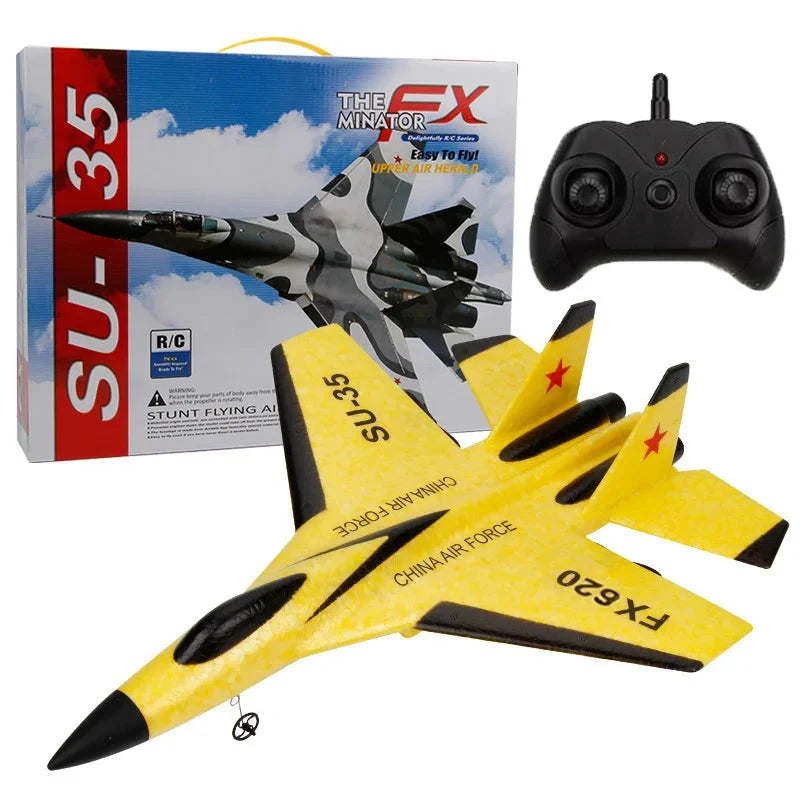Yellow SU-35 RC foam fighter glider with remote controller and box