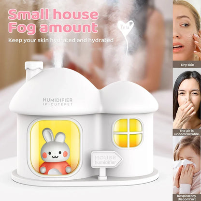 Kawaii Bunny House Humidifier Night Light – 7-Colour LED Cute Desktop Humidifier | Pink & White