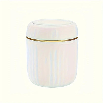 Mini desktop trash can with lid, ribbed plastic body and gold-trim band, pastel