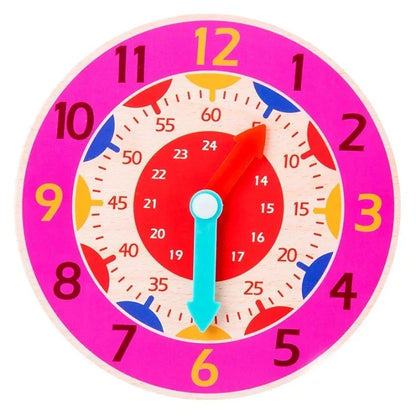 Purple Montessori wooden learning clock with orange hour and blue minute hands