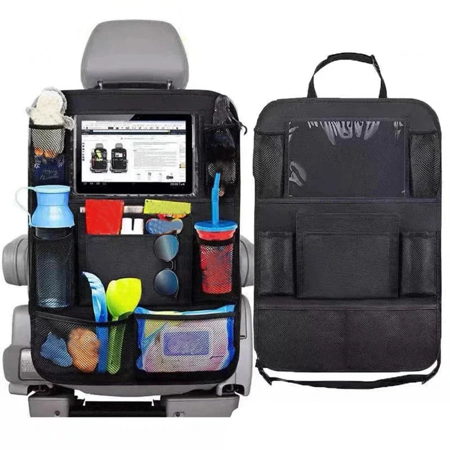 Car seat back storage organizer bag with multiple mesh pockets and front window panel