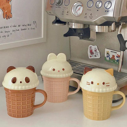 Animal ice cream mug set with cat, panda, and bunny faces in cream, tan, and pink