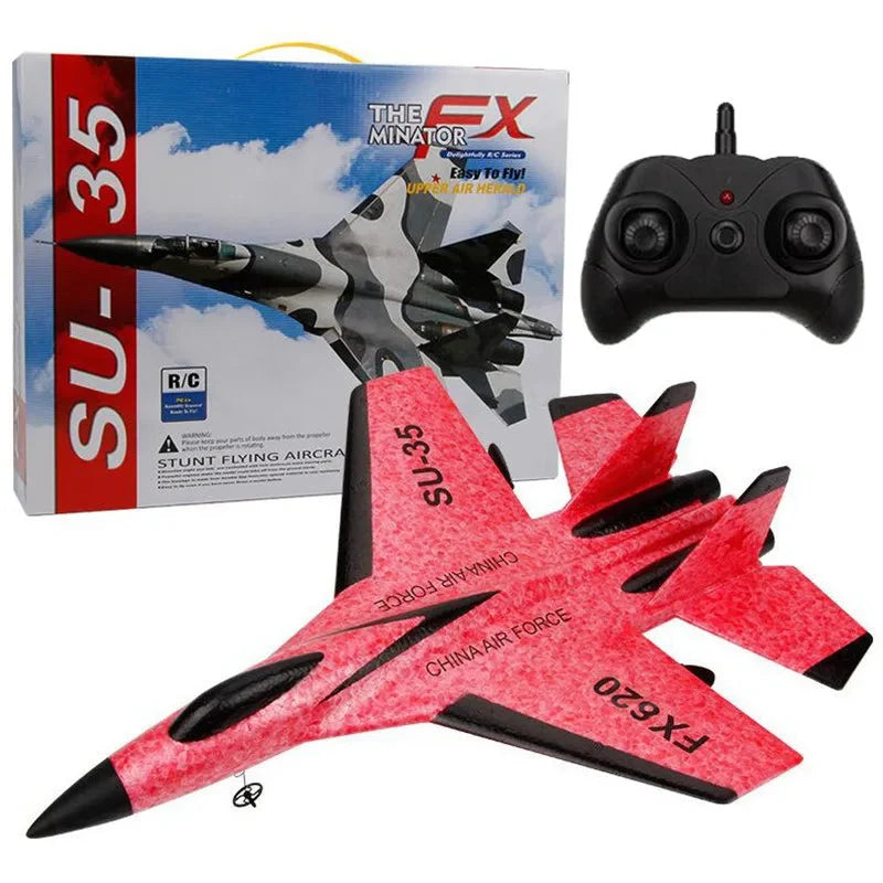 Red SU-35 RC foam fighter glider with remote controller and box