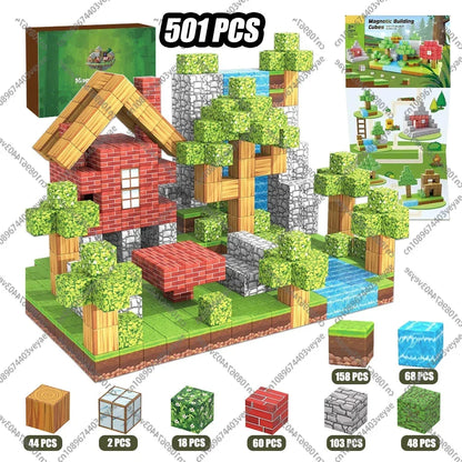 Magnetic cube building blocks set with large village model featuring brick, stone, and trees